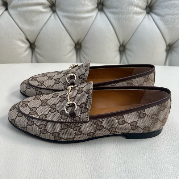 New Gucci Jordaans Loafers Brown Shoes Flats Logo Monogram Leather Canvas - Picture 4 of 9